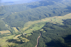 The Jackson River and adjacent wetlands in Highland County where the ACP will cross and a construction-related reservoir will be built. Trees have been cut in a section of the pipeline corridor visible in the foreground. 