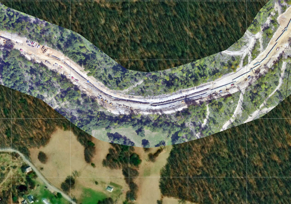 Georeferenced photo mosaic  for 9/5/18 surveillance flight, with satellite imagery as background. (Upshur County, WV, near ACP Milepost 33)